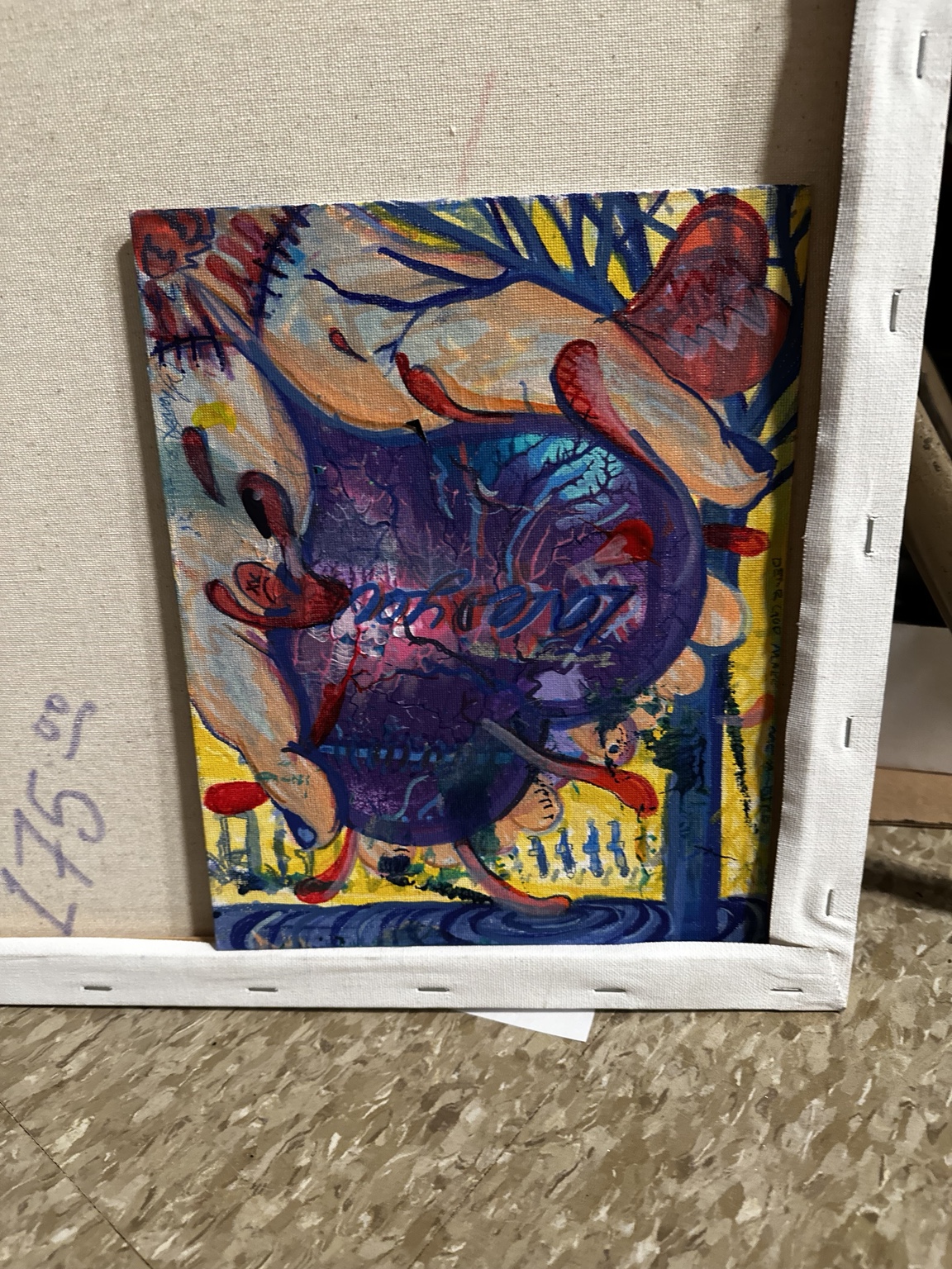 Purple and yellow framed abstract painting