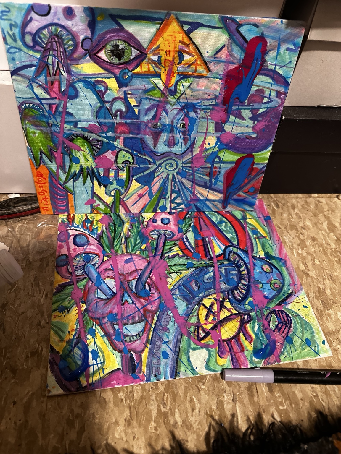 Two related eye and mushroom paintings