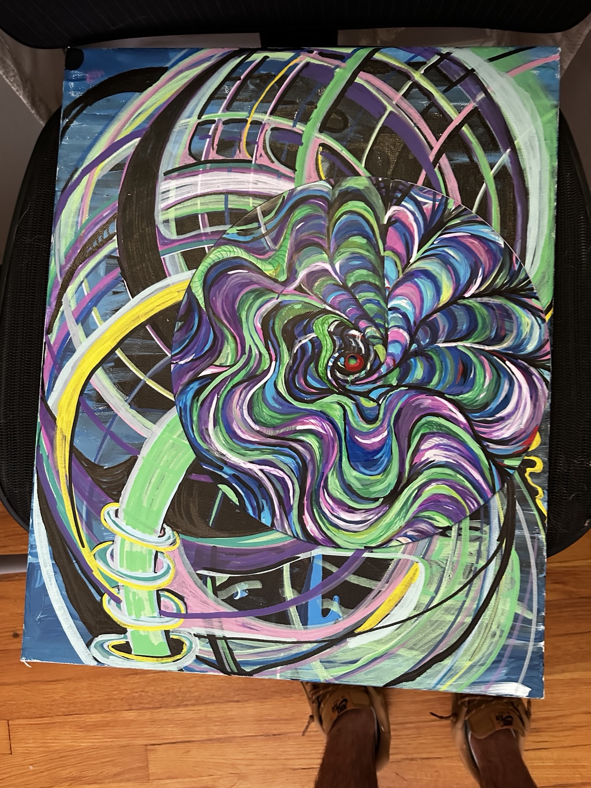 Large abstract painting with circular painted piece